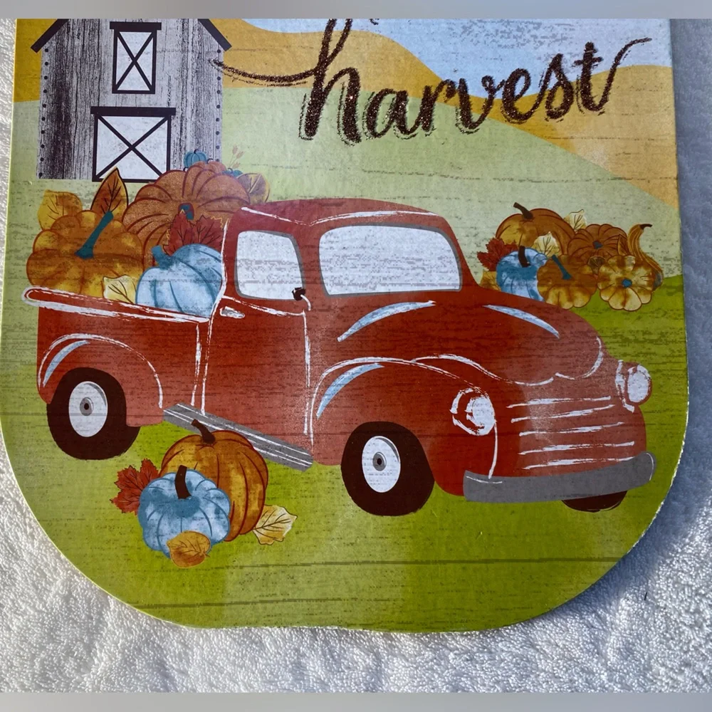 NWT Autumn Fall Mason Jar Happy Harvest Red Truck Pumpkin Farm Wall Door Sign